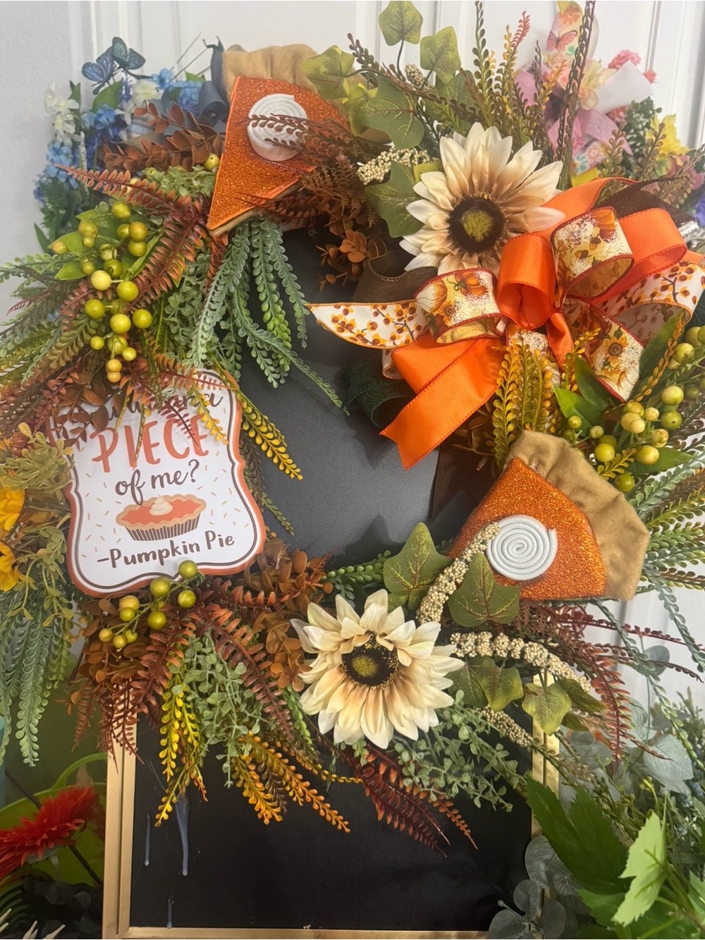 Fall Pumpkin Pie Wreath with Sunflowers and Orange Bow